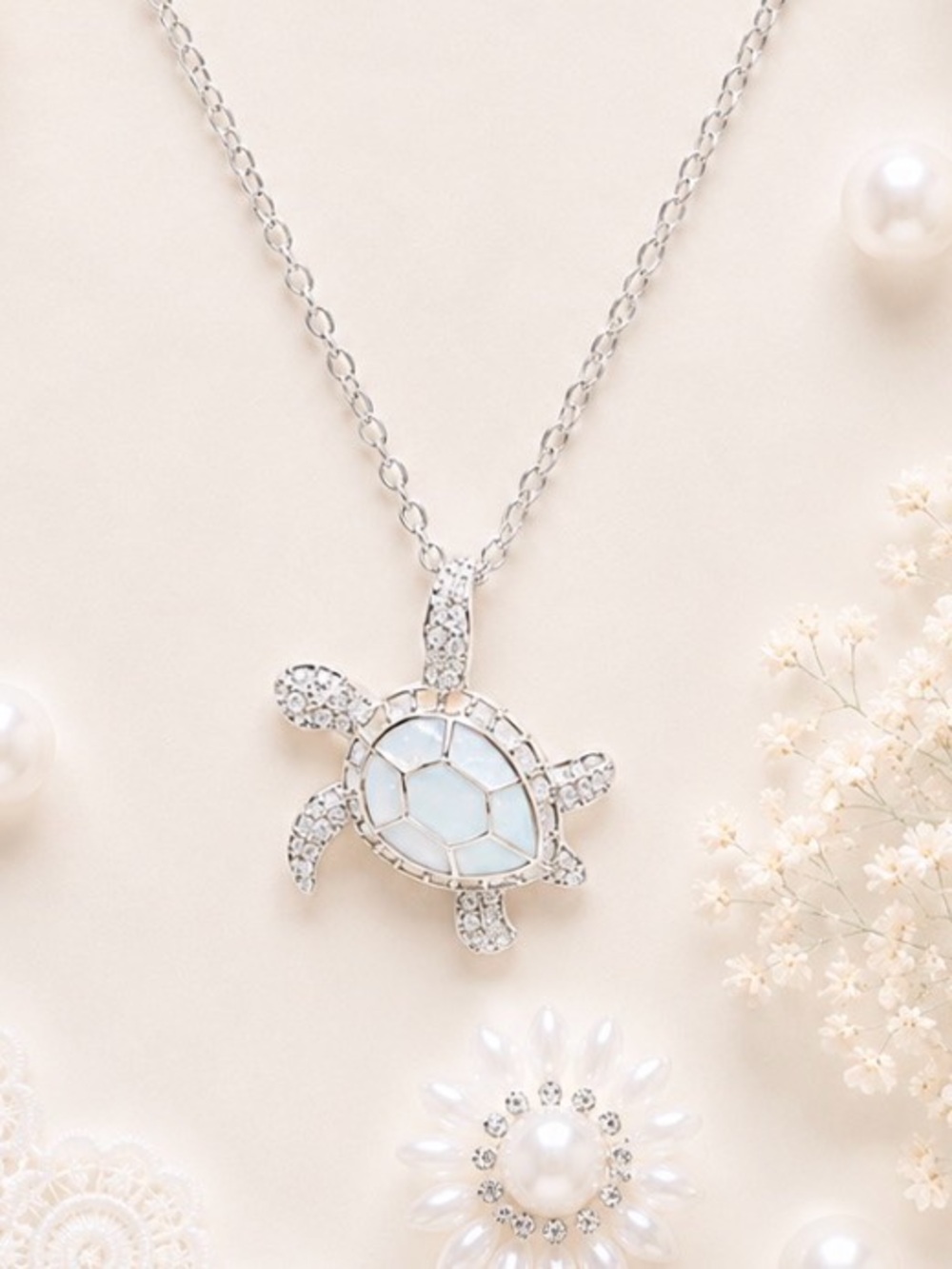New-Silver Tone Turtle Pendant Necklace with White Inlay Shell
